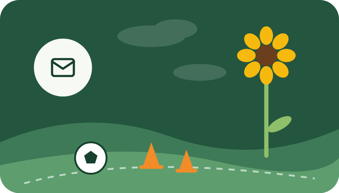 Illustration : un tournesol, un ballon et des cônes sur une colline