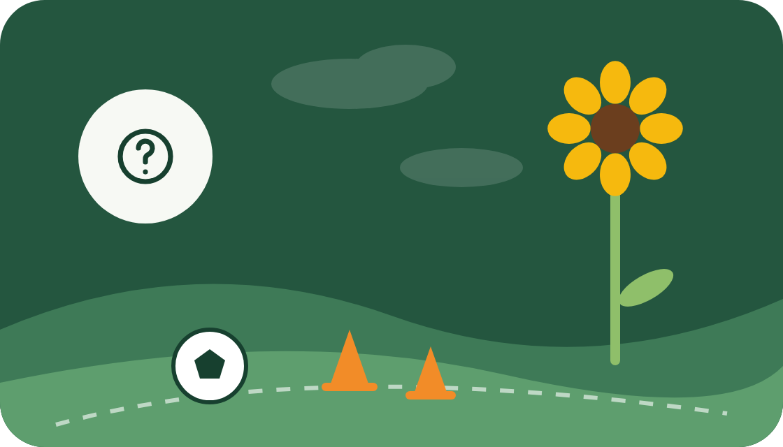 Illustration : un tournesol, un ballon et des cônes sur une colline