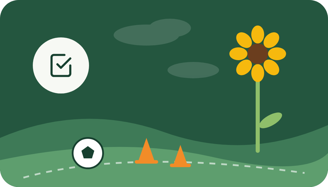 Illustration : un tournesol, un ballon et des cônes sur une colline